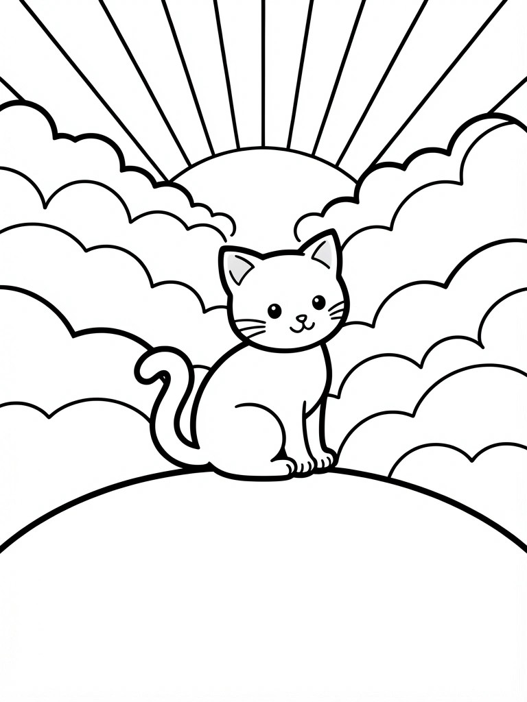 Line drawing of a cat sitting on a hill with sun rays and clouds above.
