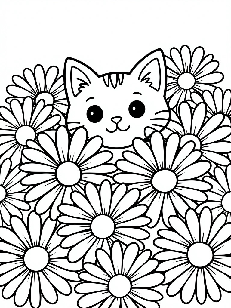 Black outline coloring page of a cat face peeking from surrounding daisies.