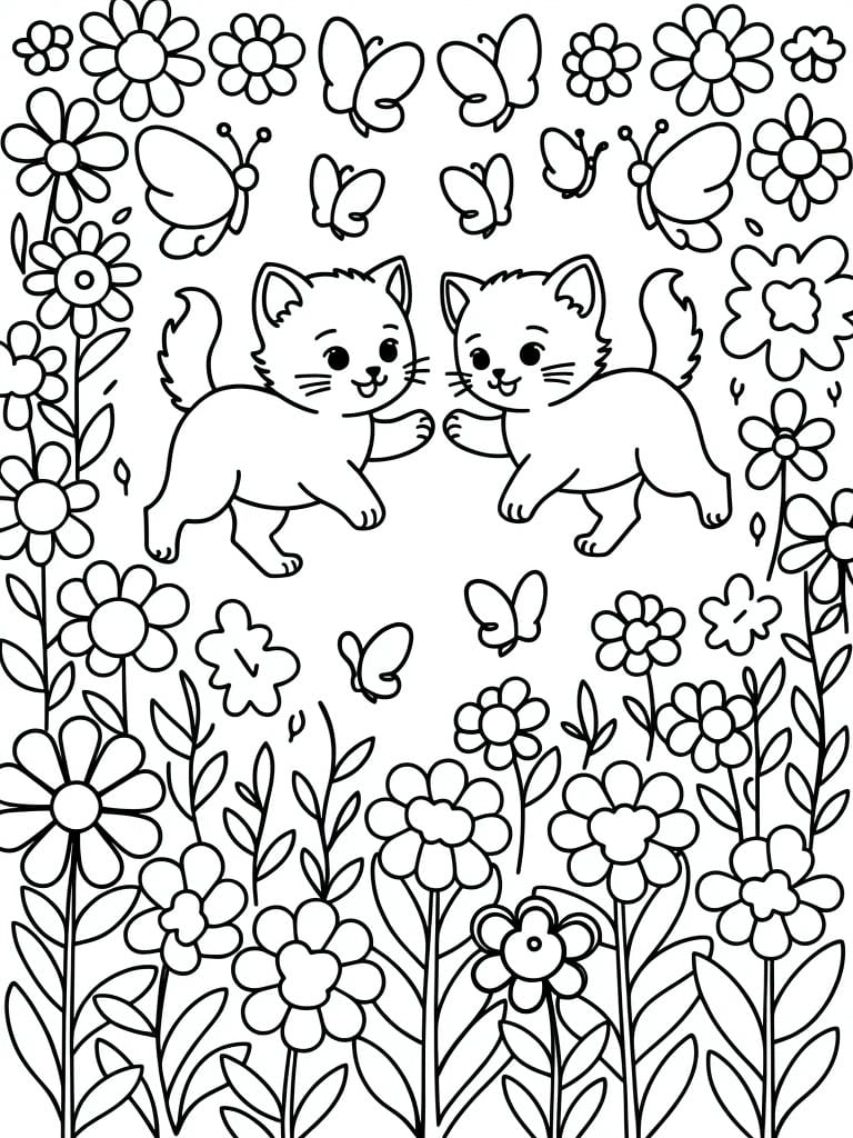 Line drawing of two white kittens touching paws in a field of flowers and butterflies with vine borders.