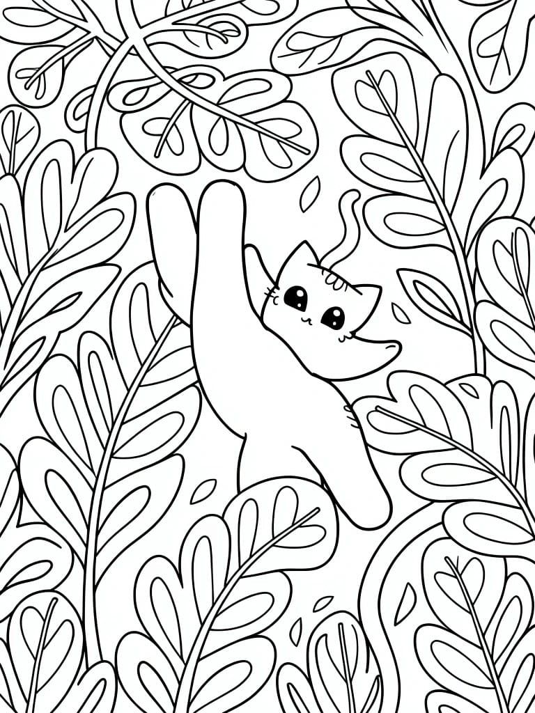Line art of a cat hanging by paws from vines amid detailed surrounding leaves and ferns.