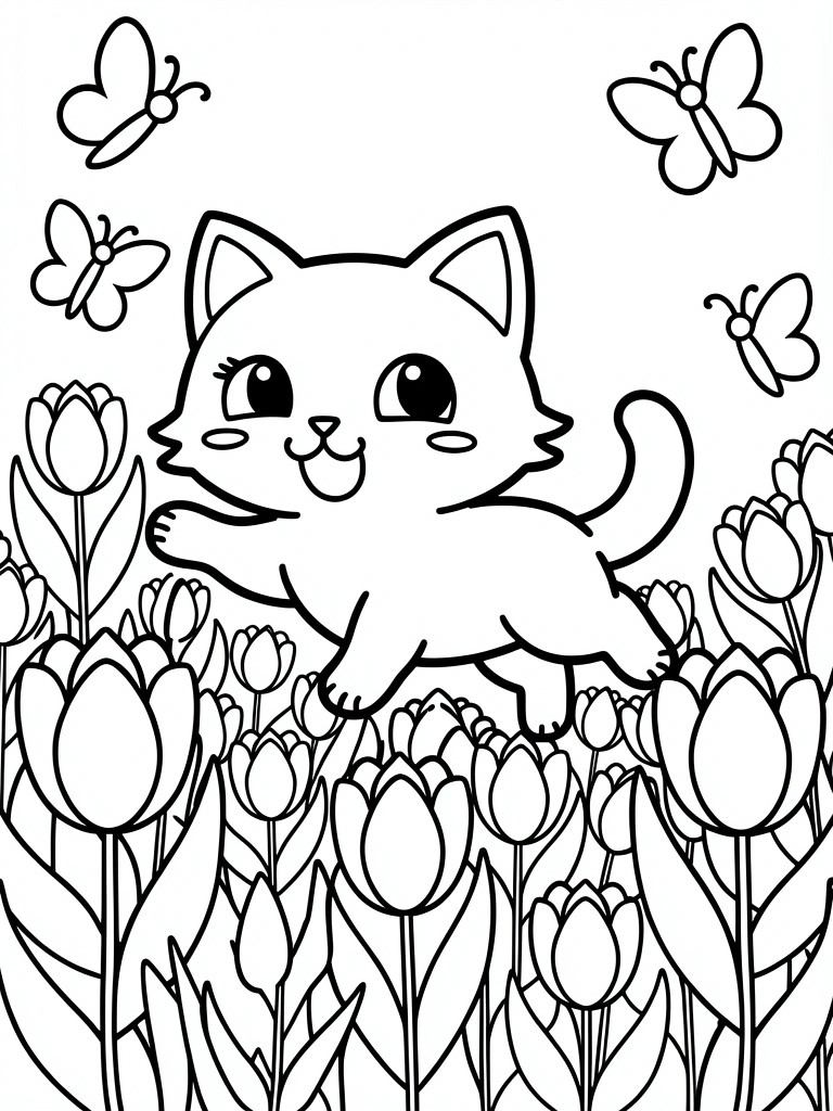 Black outline drawing of a kitten mid-jump over tulip flowers with butterflies nearby.