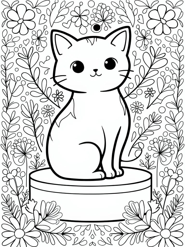 Line art coloring page featuring a cute cat sitting on a pedestal inside a detailed floral border with flowers, leaves, hearts, and dots.