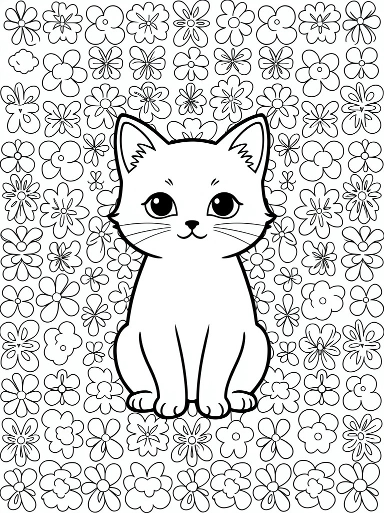 Line drawing of a sitting kitten centered on a page filled with a background pattern of small flowers.
