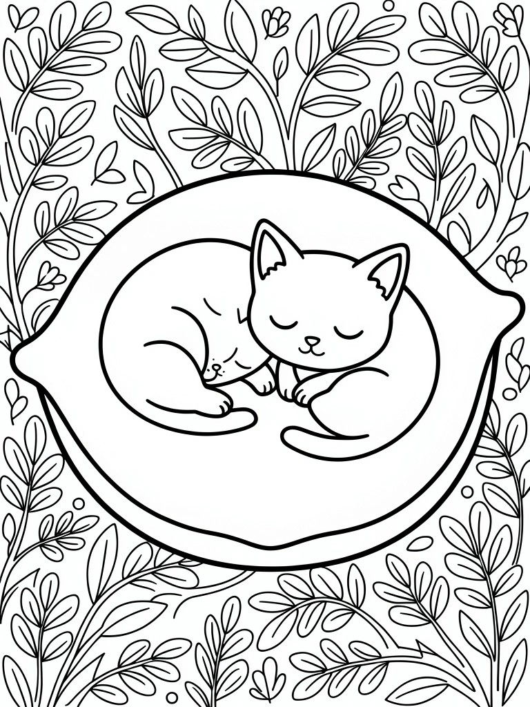 Black line drawing of two sleeping kittens curled up in a lemon slice surrounded by leafy vines.