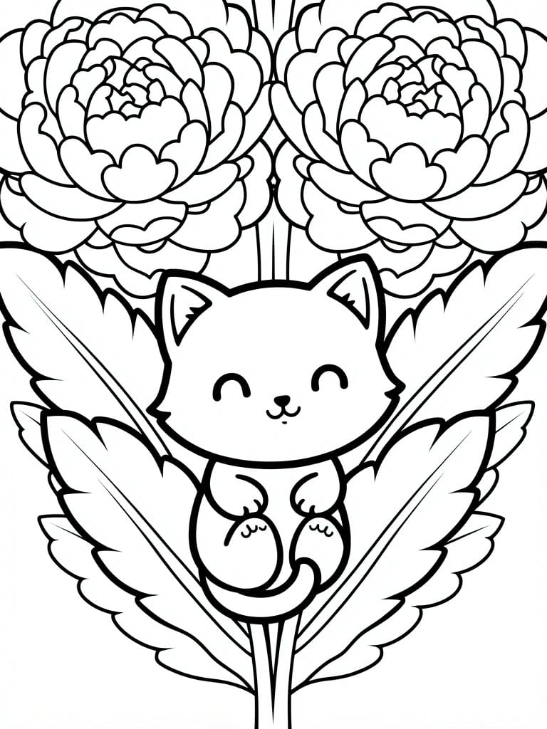 Black and white line art coloring page featuring a cute smiling kitten nestled in leaves with two large peony flowers above.