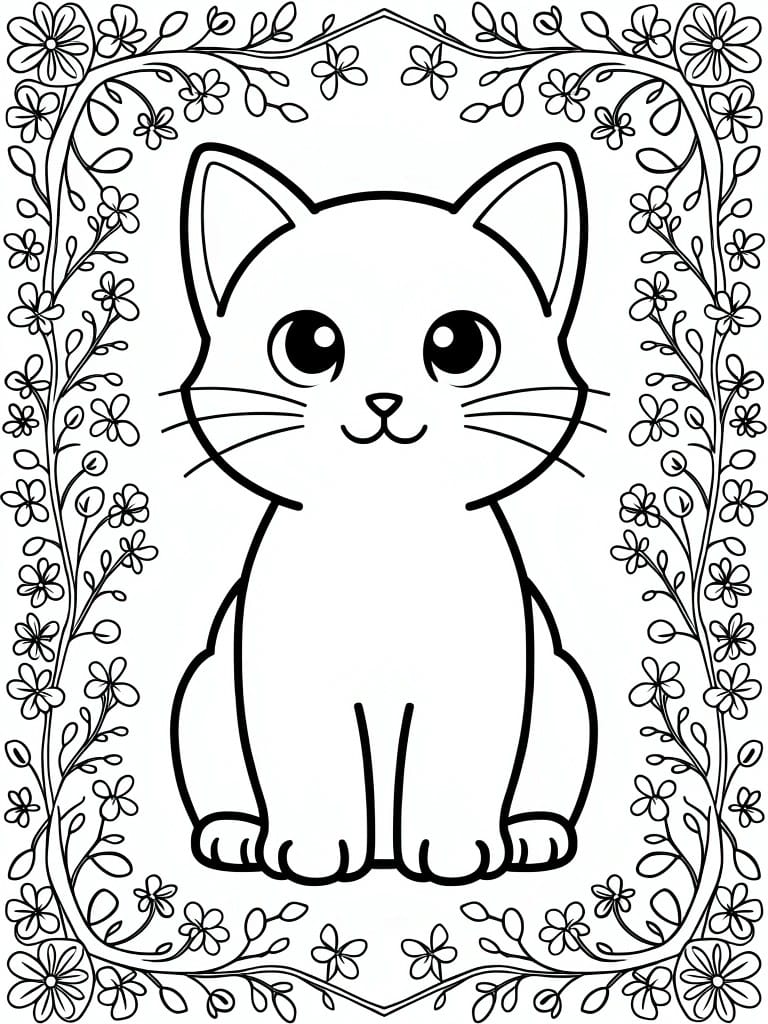 Line drawing of a sitting kitten with big eyes inside a border of vines and small flowers.
