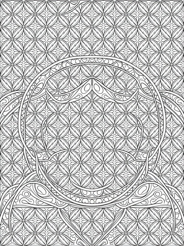 Black line coloring page of a central circle with swirling curved lines, surrounded by geometric lattice borders on a dense repeating diamond background.