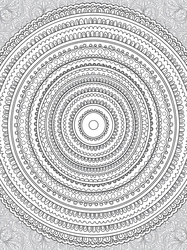 Detailed line art mandala coloring page with concentric circles of floral, vine, and dot patterns.