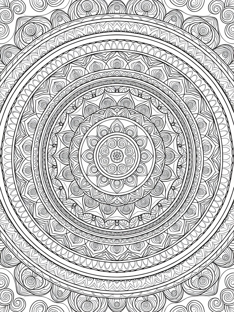 Black line art of a symmetrical circular mandala with central spiral, layered petals, and swirling patterns.