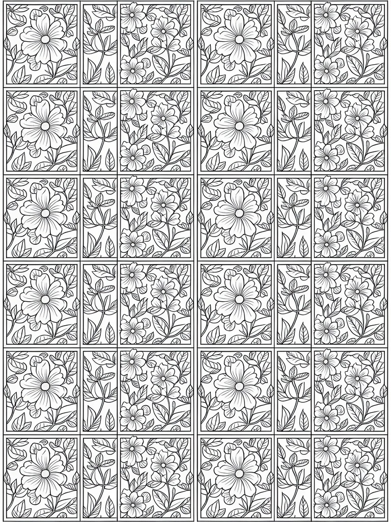 A 6x6 grid of black line art squares, each showing a central flower with surrounding leaves in symmetrical designs.
