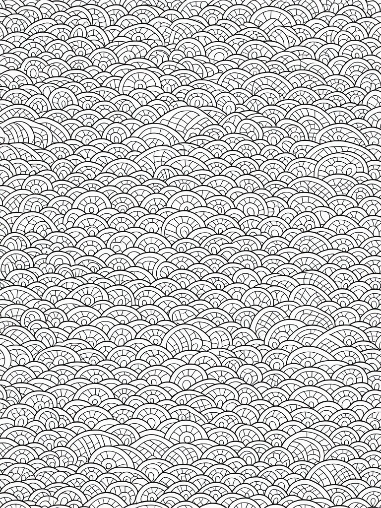 Black line drawing of densely packed, interlocking wave shapes filling the page.