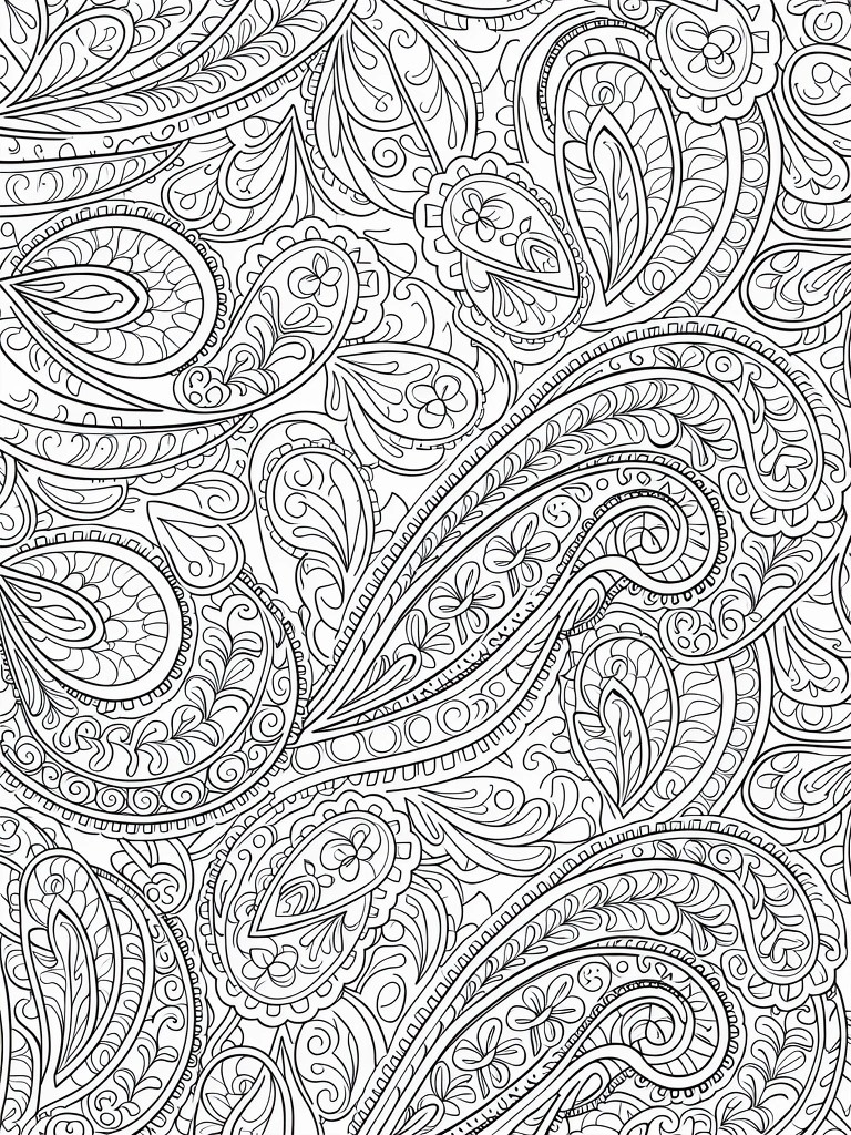 Black line art coloring page of a seamless, intricate paisley pattern filling the entire sheet.