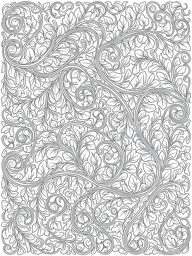 Black line art of dense, symmetrical swirling vines and leaves filling a rectangular page.