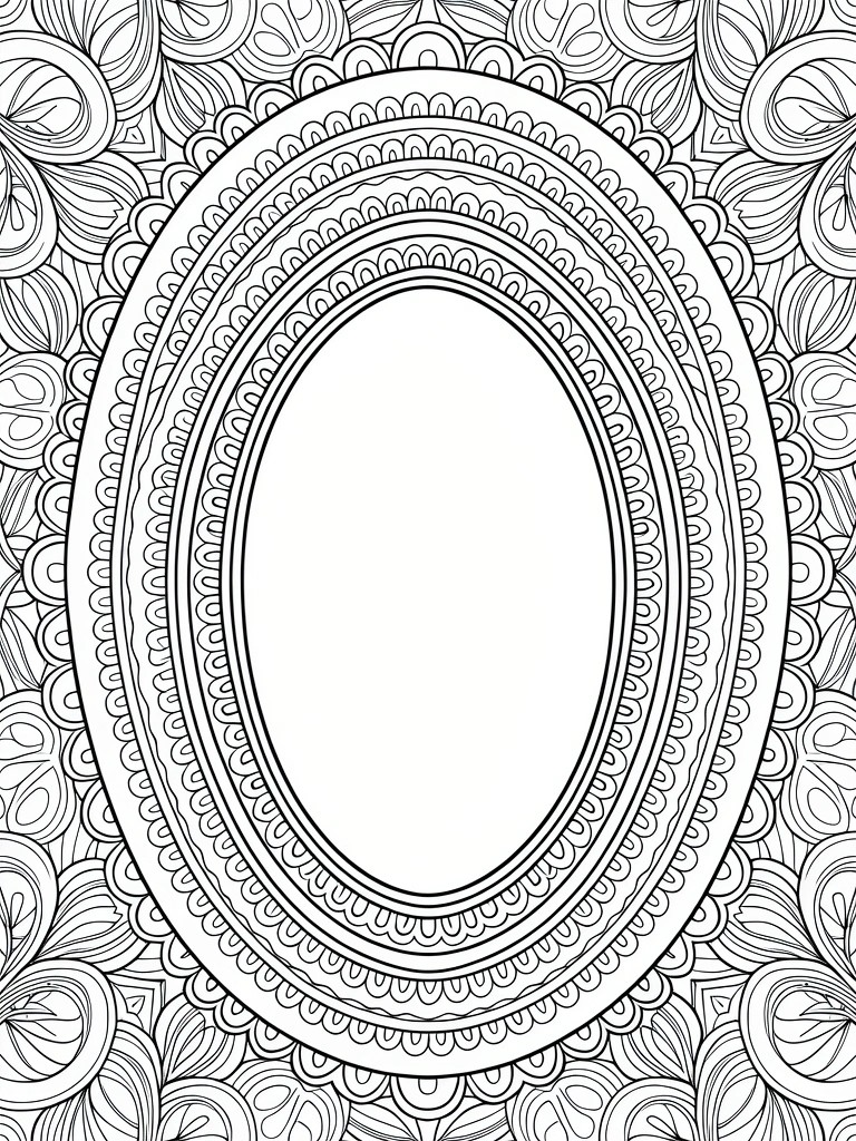 Black and white line art coloring page of a blank oval center surrounded by intricate symmetrical feather, swirl, and dot border patterns.