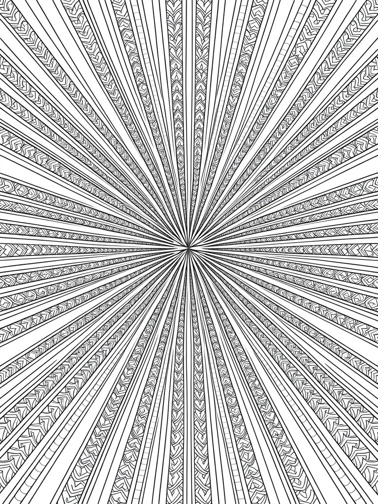 Black and white line art coloring page of a symmetrical starburst with intricate radiating rays featuring patterned edges.