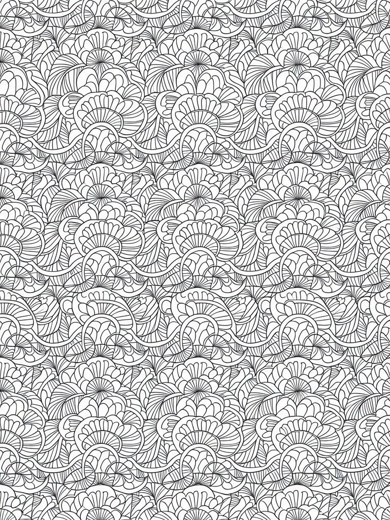 Black line art coloring page featuring repeating symmetrical fan-shaped motifs with swirling details tiled in offset rows.