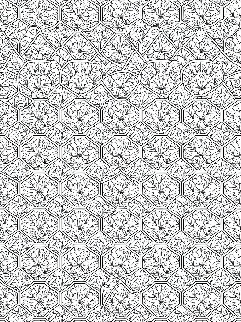 Black line art of repeating octagonal flowers with petals and stems tiling the entire page.