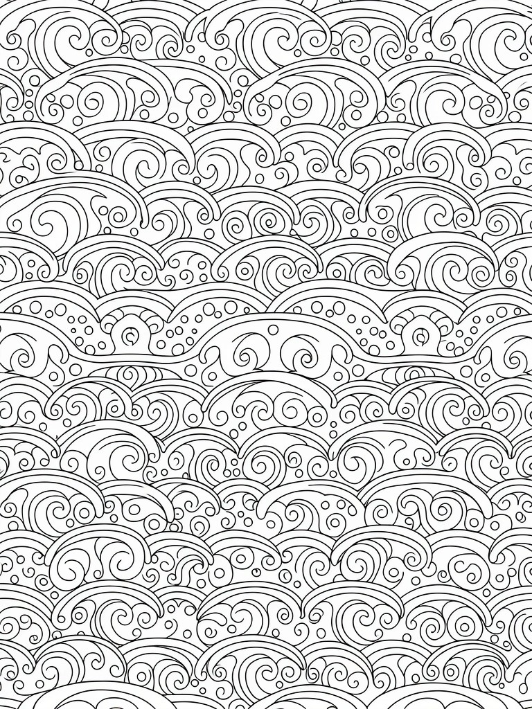 Black line art coloring page of repeating swirling wave patterns with dot accents.