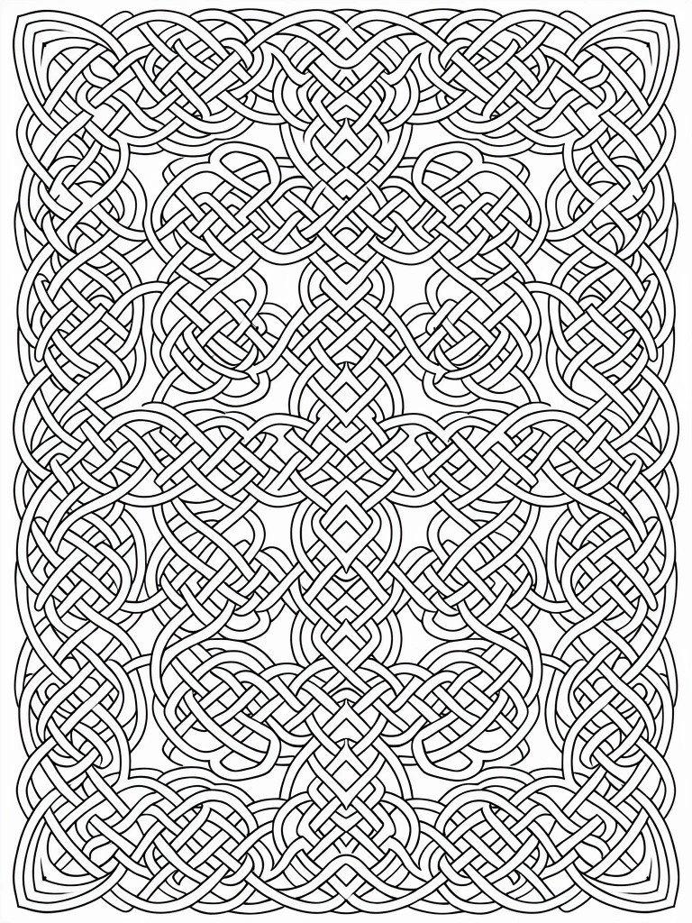 Black line art of dense, symmetrical Celtic knot patterns filling a bordered square page.