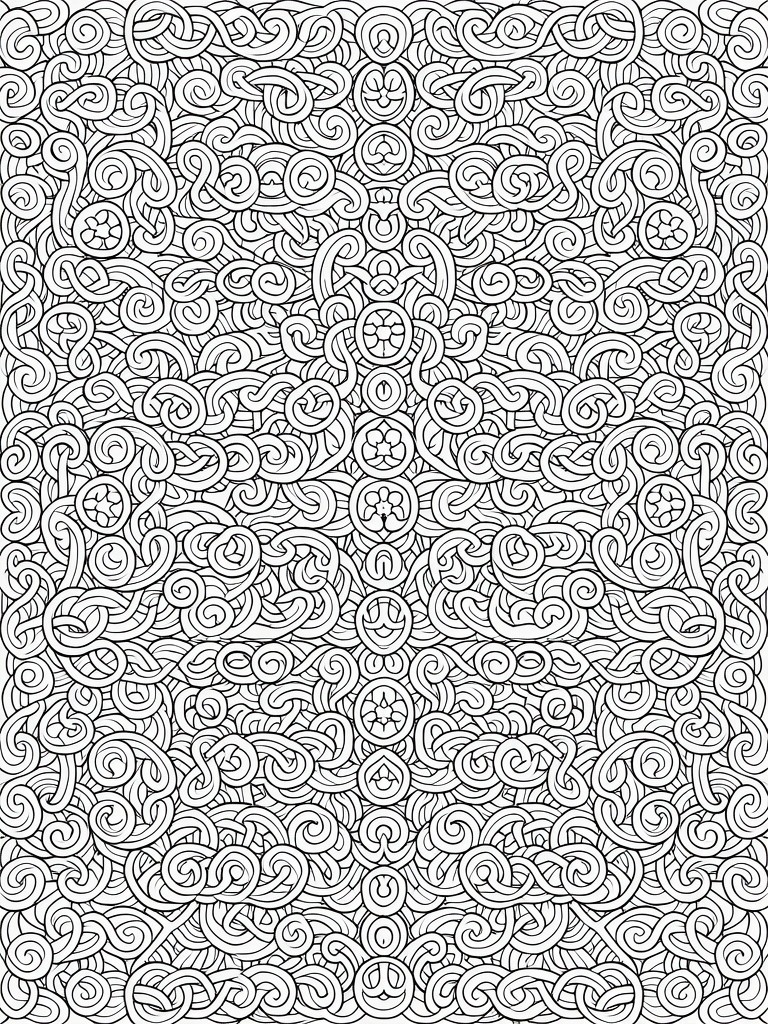 Black and white coloring page of dense symmetrical patterns made from swirling curls, loops, and floral elements.