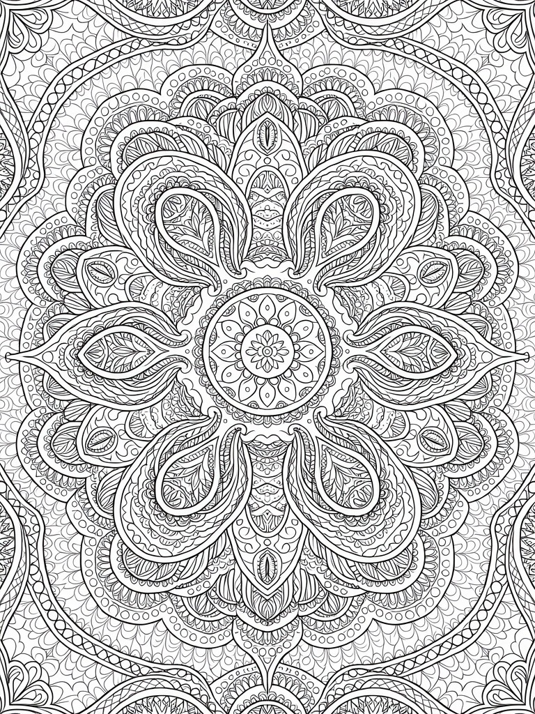 Black and white line art coloring page of a highly detailed, symmetrical floral mandala with central bloom and radiating intricate patterns.