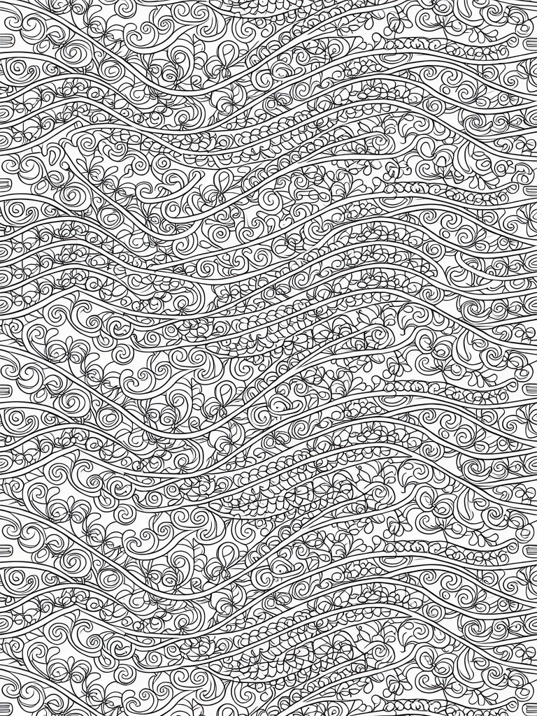 Black line drawing of repeating swirling curls forming horizontal wavy patterns filling the page.