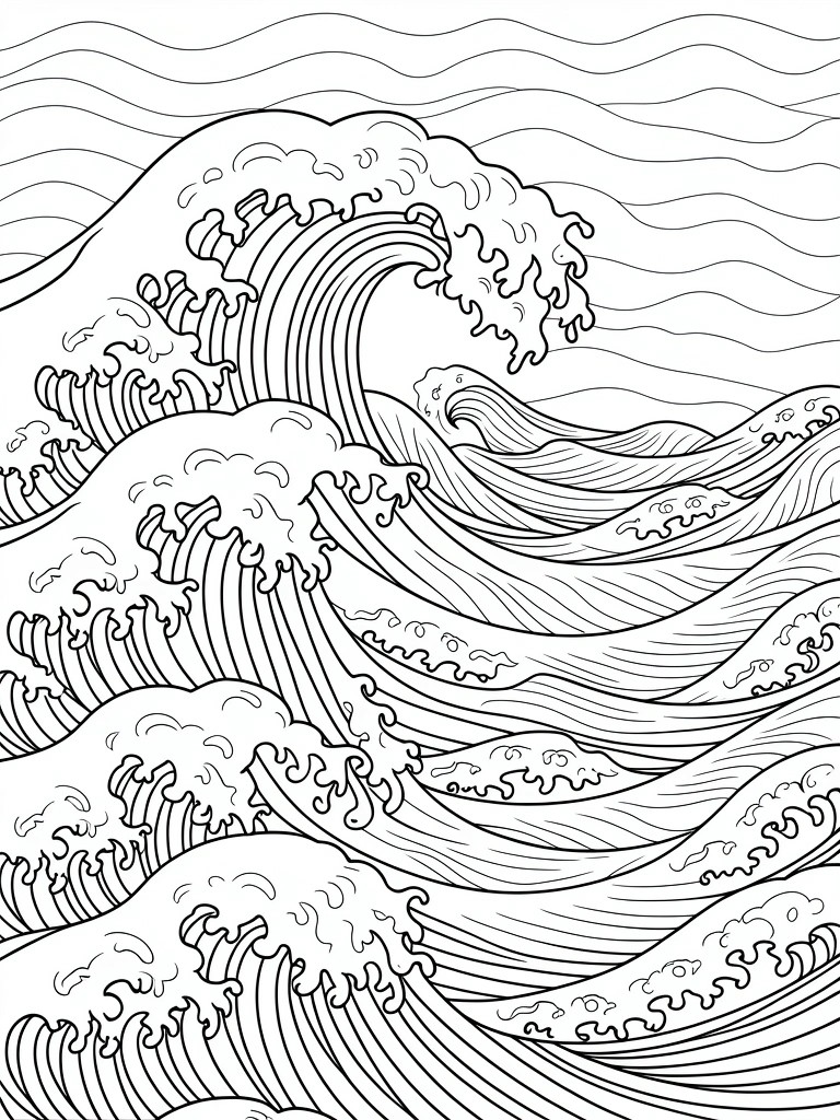 Line art coloring page featuring multiple layered ocean waves in Japanese ukiyo-e style with intricate curls and foam details.