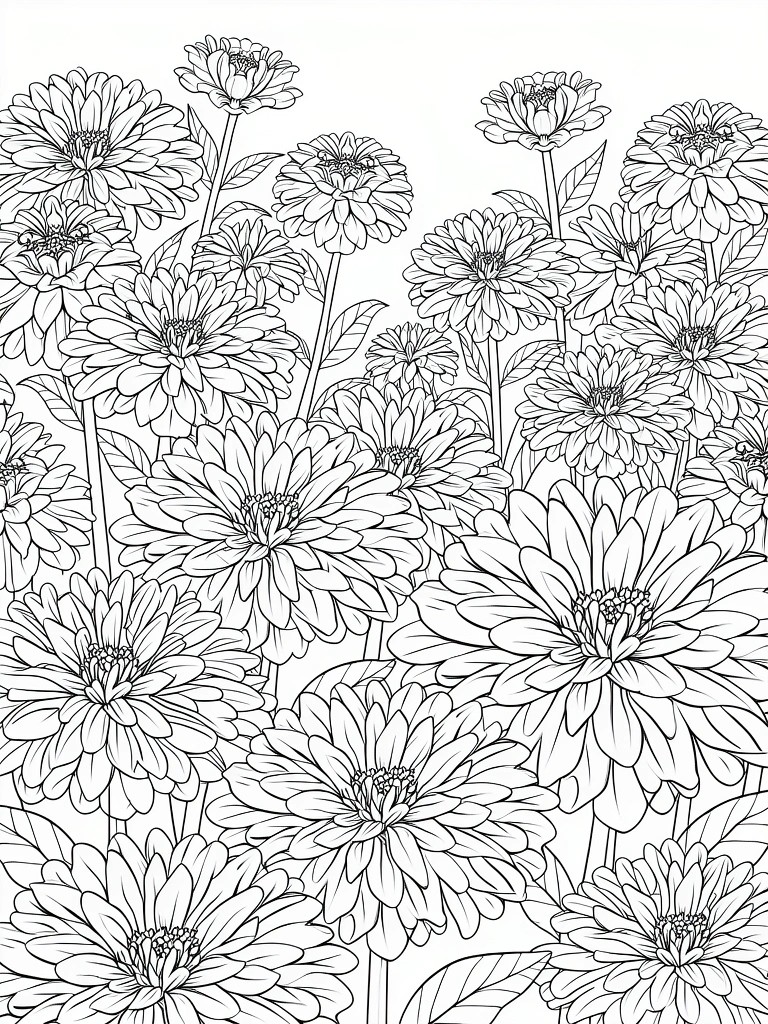 Black and white line art of numerous overlapping daisy flowers with stems and leaves filling a vertical page.