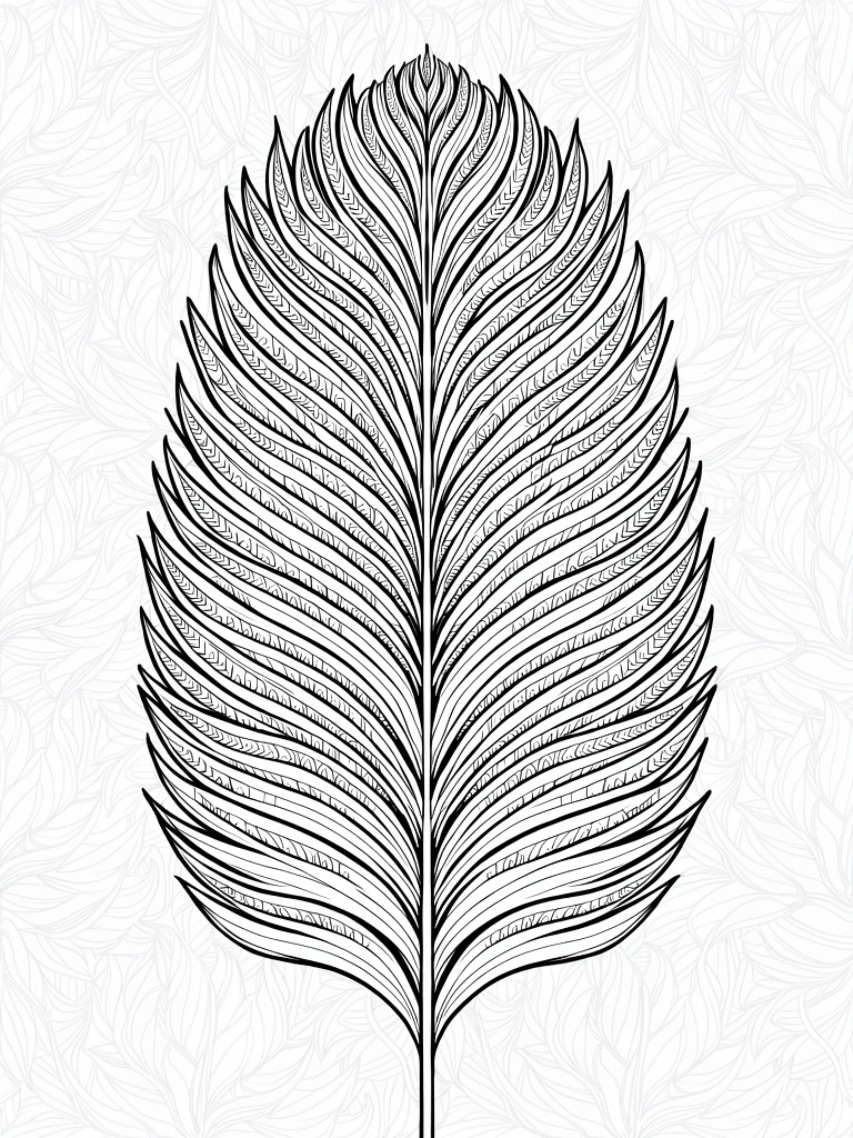 Black line art of a large, elongated symmetrical leaf with fine feathery leaflets on white.