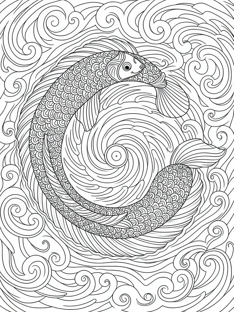 Line art coloring page featuring two koi fish circling each other amid swirling waves and spiral patterns.