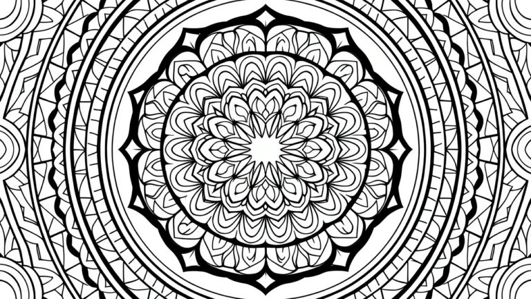 21 Bold Large Coloring Pages That Feel Satisfying Black line art of a highly detailed, symmetrical mandala featuring layered floral petals and geometric patterns radiating from the center.