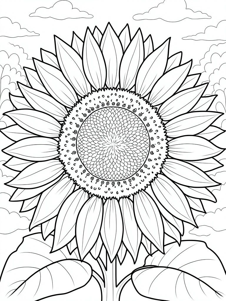 Line art of a large central sunflower with detailed petals and seed head, stem, leaves, and scattered clouds in the background.