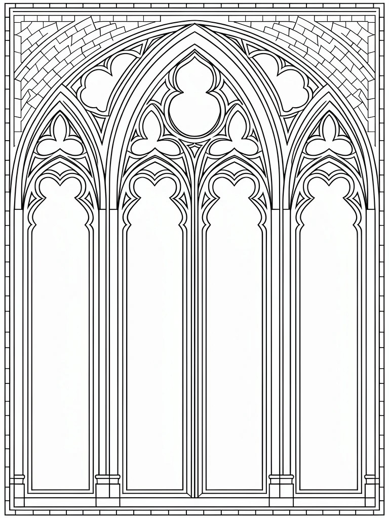 Line art of a Gothic-style window with arched frame, tracery, four panels, and ornate borders.