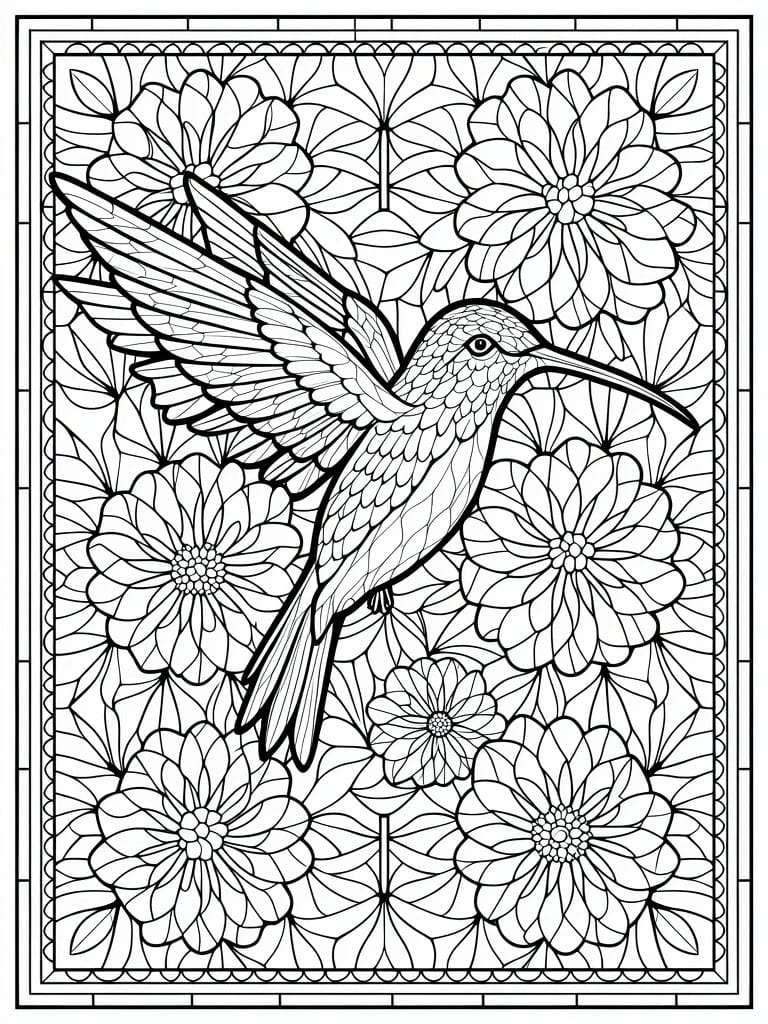 Line drawing of a hummingbird amid detailed overlapping flowers with a patterned border.