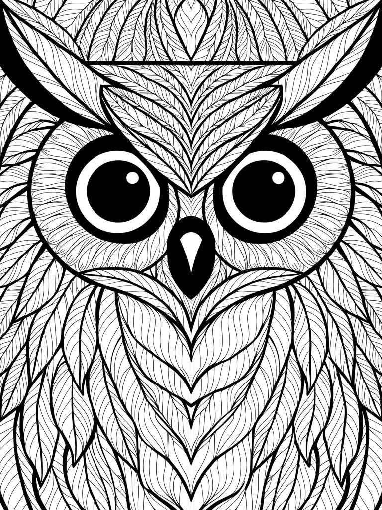 Black and white line drawing of a symmetrical owl portrait with intricate swirling feather patterns.