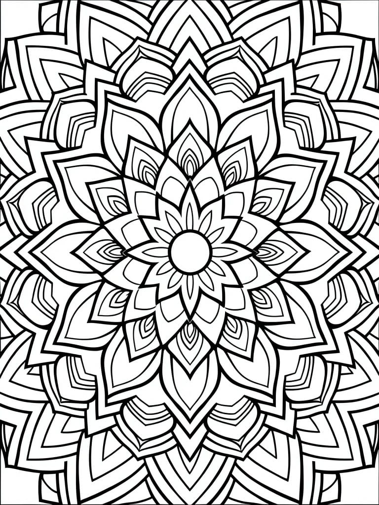 Black line art of a highly detailed, symmetrical mandala featuring layered floral petals and geometric patterns radiating from the center.