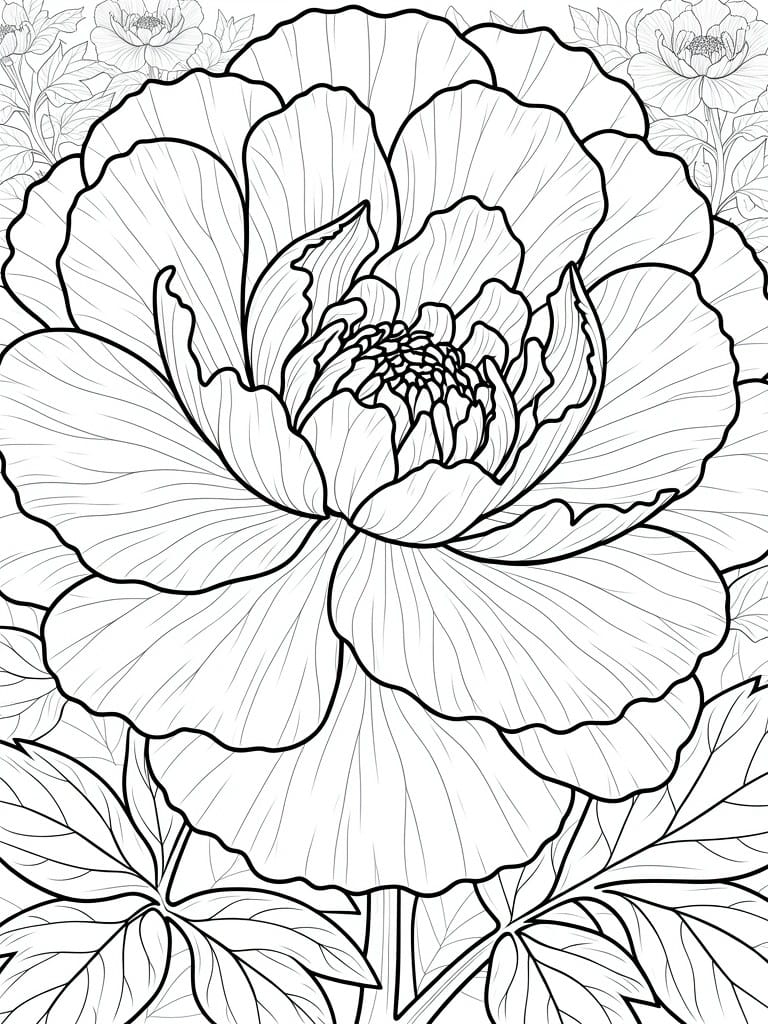 Line drawing of a large central peony flower with layered ruffled petals, stems, leaves, and small surrounding buds.