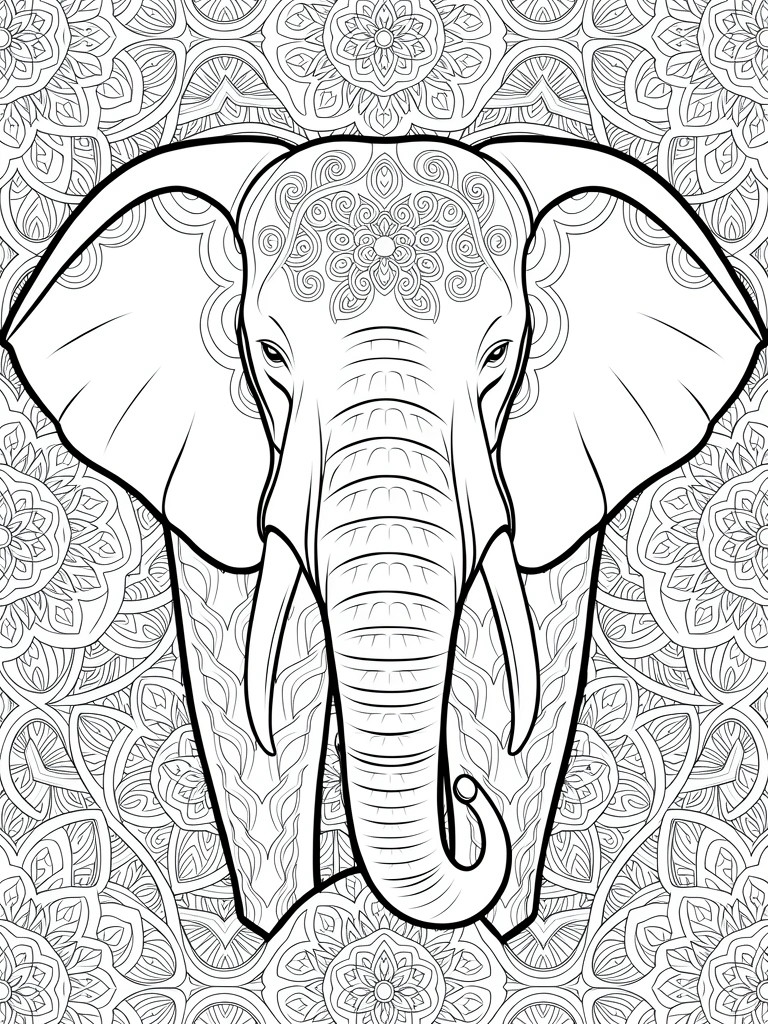 Black line drawing of a detailed elephant head in mandala style with floral and geometric patterns filling the background and body.