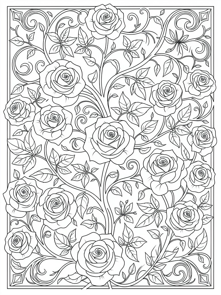 Black line art of densely packed roses, vines, and leaves filling an ornate rectangular frame.