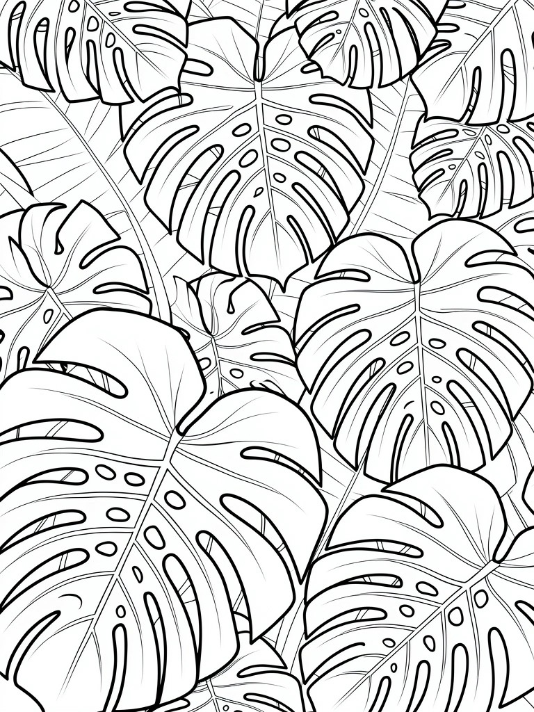 Black line drawing of densely overlapping monstera leaves forming a full-page pattern.