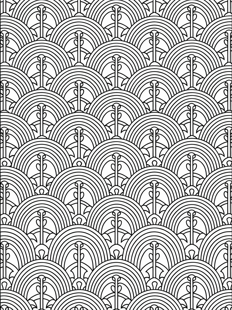 Black and white line drawing of repeating seigaiha waves with overlapping arcs and vertical stems filling the page.