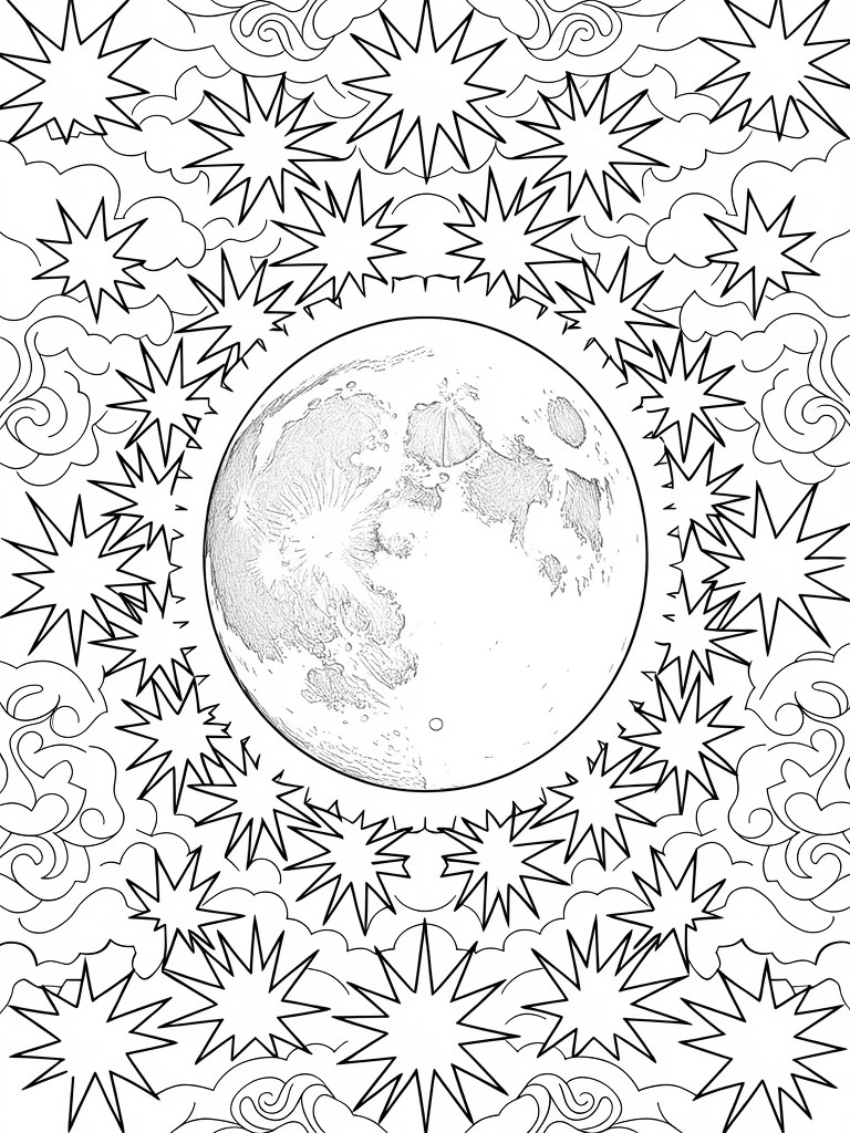 Coloring page of a detailed full moon centered amid surrounding stars and swirling cloud-like patterns.