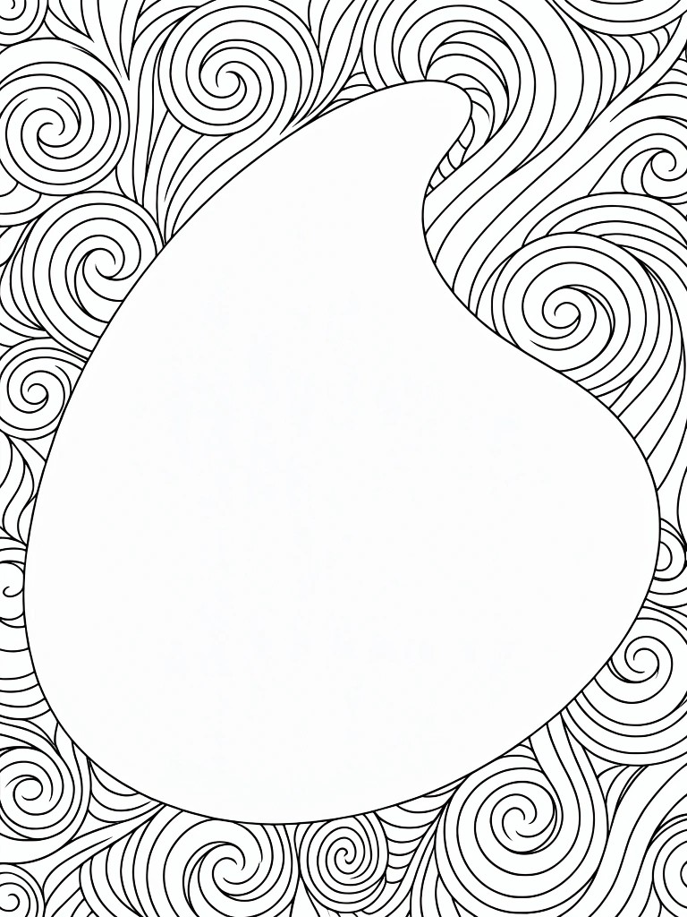 Black line art coloring page featuring a large empty paisley-shaped center surrounded by intricate swirling wave patterns.