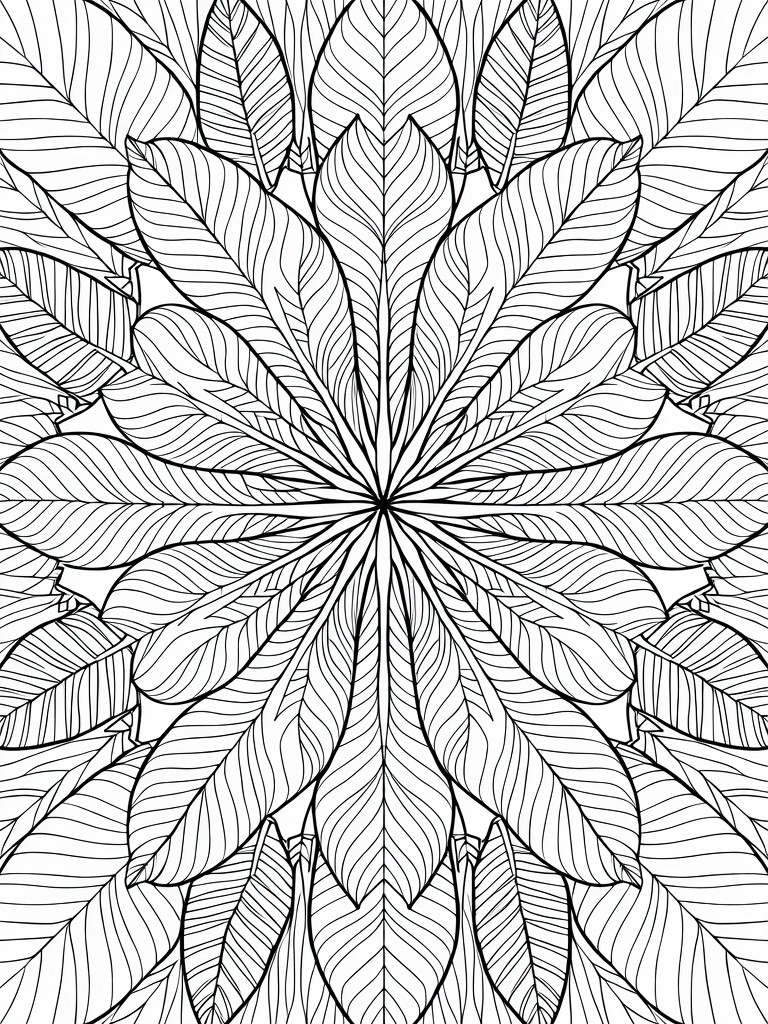 Black and white line art of symmetrical overlapping tropical leaves forming a radial mandala with detailed veins.