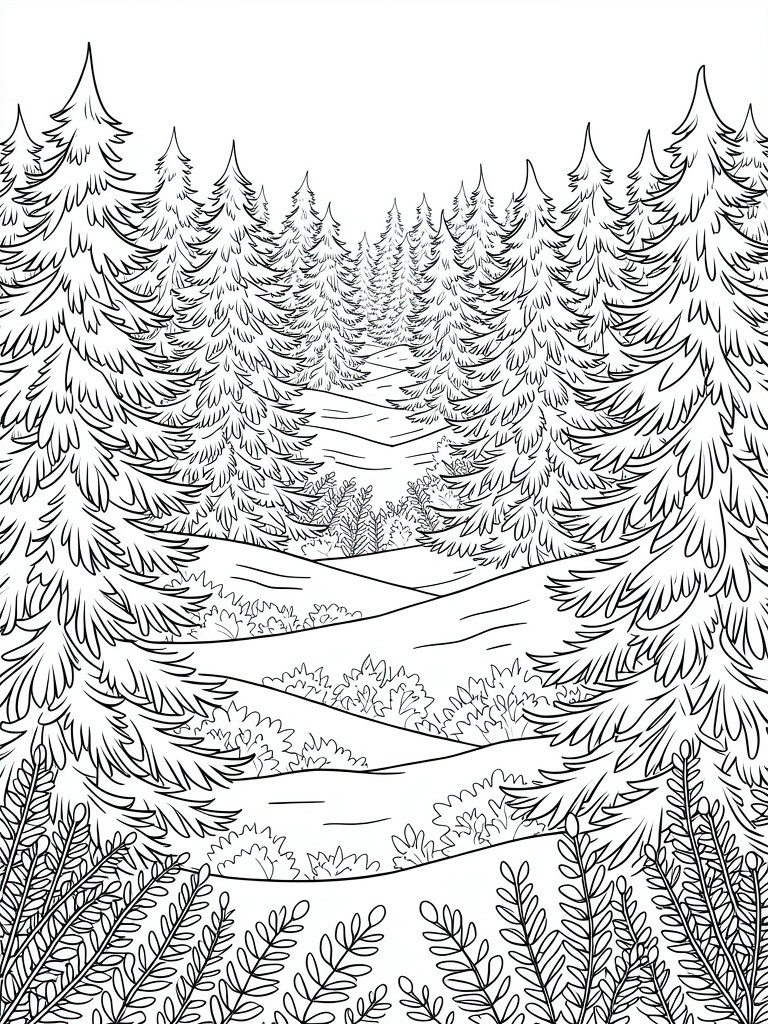 Line drawing of a snowy path winding between tall pine trees and hills in a forest scene.