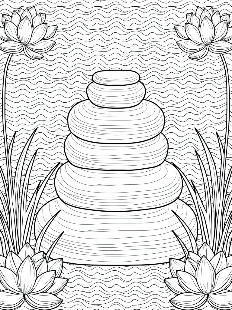 Coloring page of stacked smooth stones centered amid lotus flowers, reeds, and wavy water patterns.