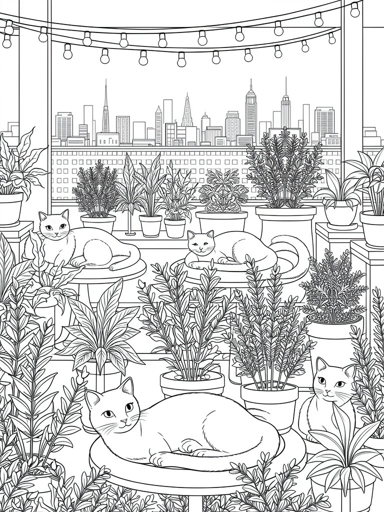 Line art coloring page of cats among potted plants on a balcony overlooking a city skyline with string lights.