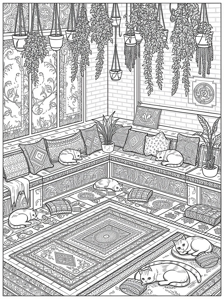 Line art of a cozy bohemian room corner with hanging plants, vine-covered windows, patterned pillows on bench seating, lounging cats, and an ornate central rug.