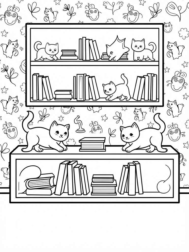 Line art of three stacked bookshelves with cats on top and inside, books on shelves, and background patterns of stars, flowers, and faces.