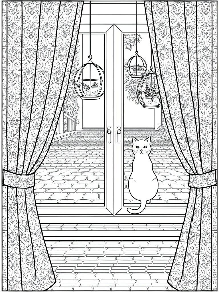 Line art of a cat on a windowsill framed by patterned curtains on French doors, with hanging birdcages, plants, and a cobblestone street view.
